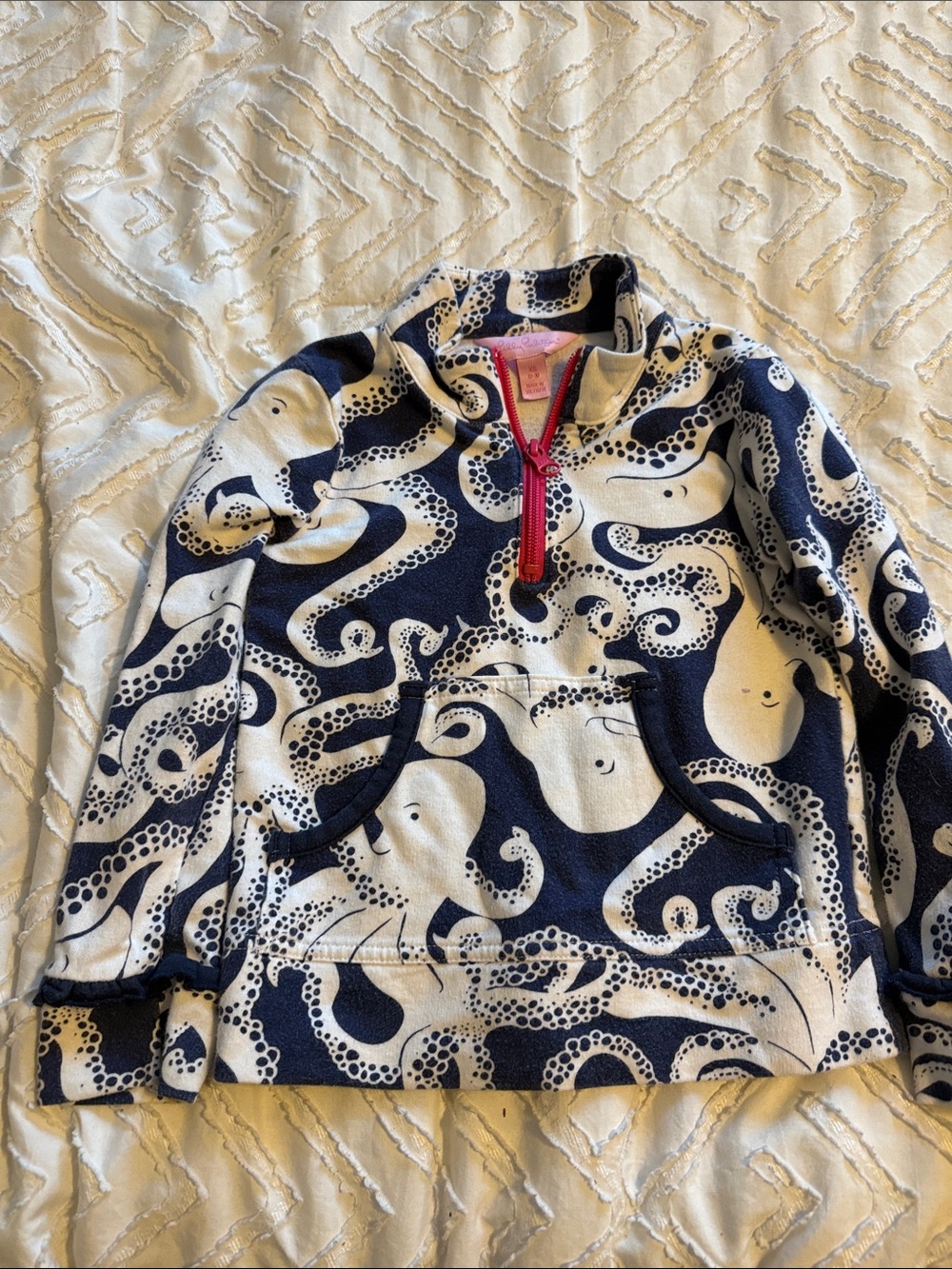 Lilly Pulitzer Navy and White Octopus Lightweight Pullover with Pink Half Zip